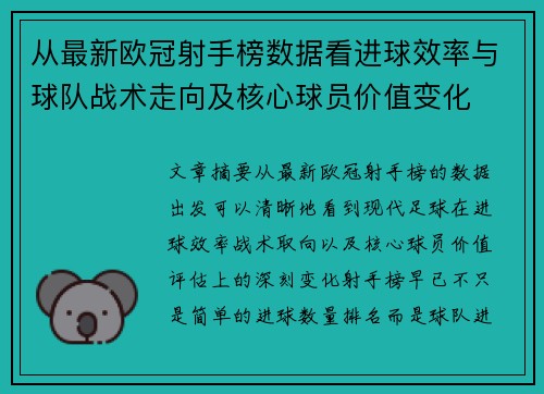 从最新欧冠射手榜数据看进球效率与球队战术走向及核心球员价值变化